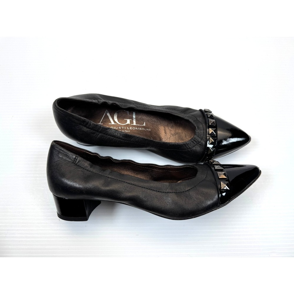 AGL Pyramid Stud Pointed Toe Pumps Women 36.5 US 6.5 EUC Block Heel‎ Leather